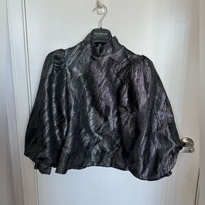 BNWT Ganni Black/Silver Jacquard Peplum Blouse Sz2